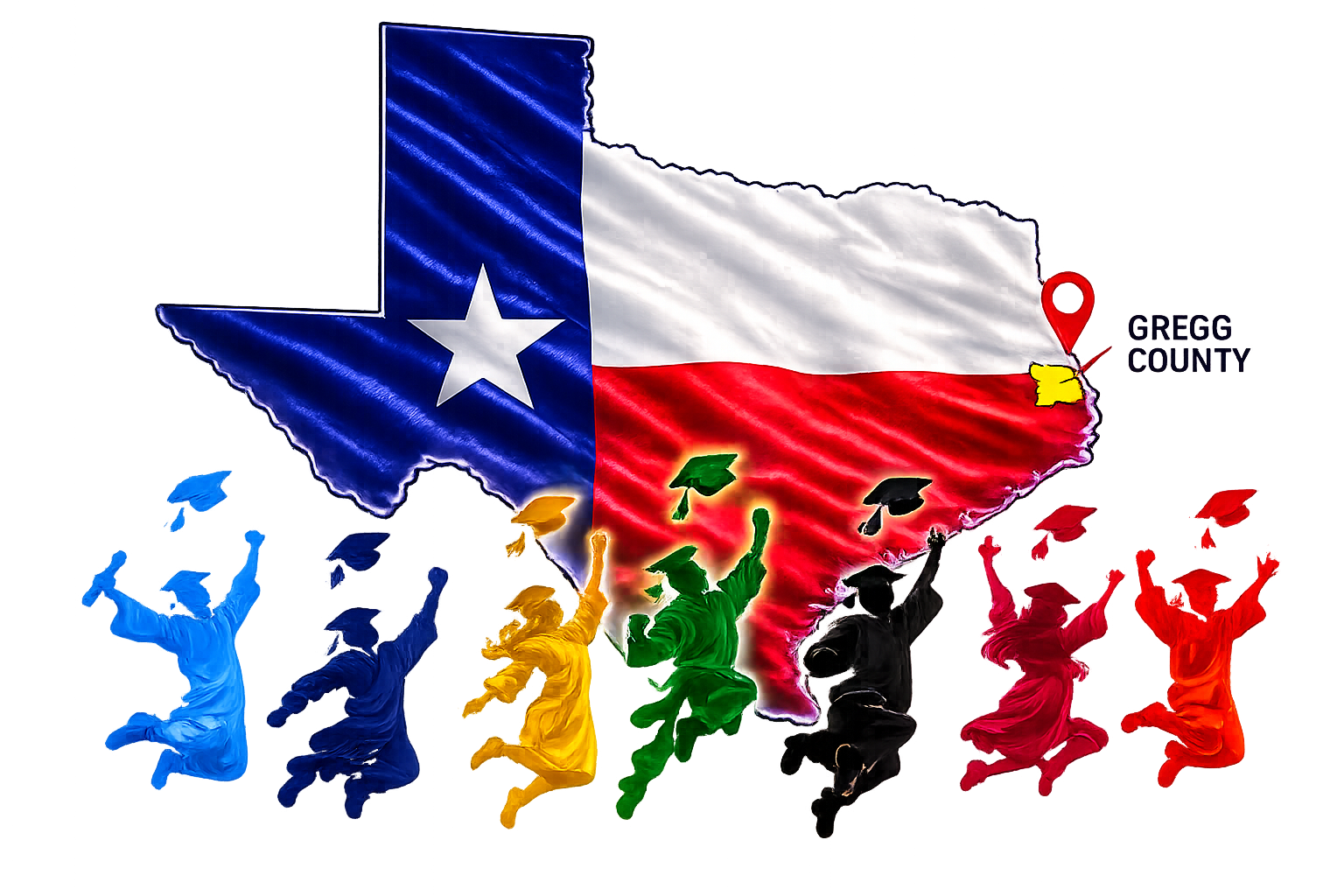 Colorful graduating students celebrating in front of a Texas map with Gregg County highlighted